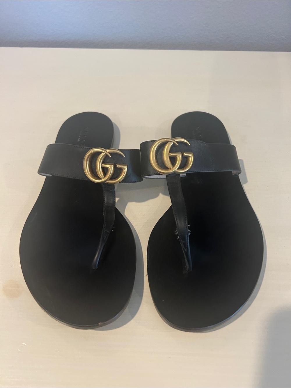 Gucci Black Leather Sandals with Gold Double-G Logo